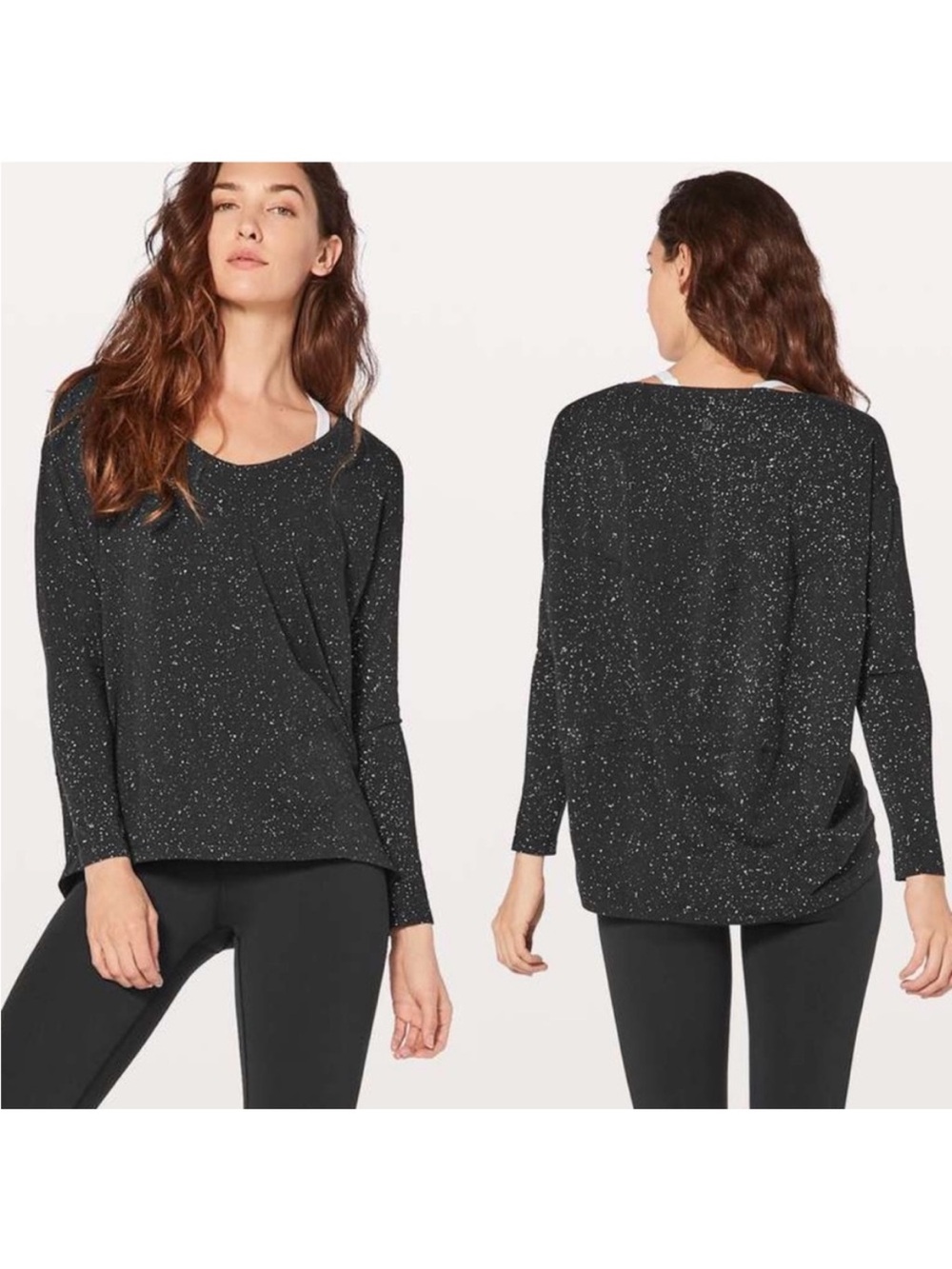 Lululemon Top Women’s Size 6 Black Long Sleeves Back In Action Splatter